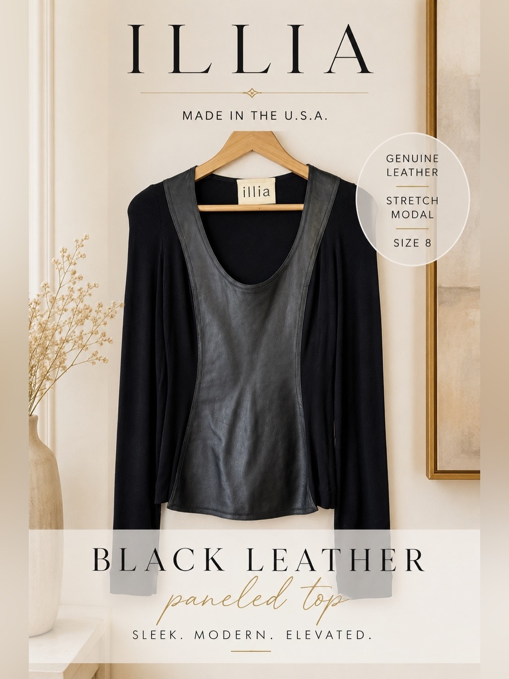 ILLIA Black Genuine Leather Paneled Stretch Modal Long Sleeve Top Size 8
